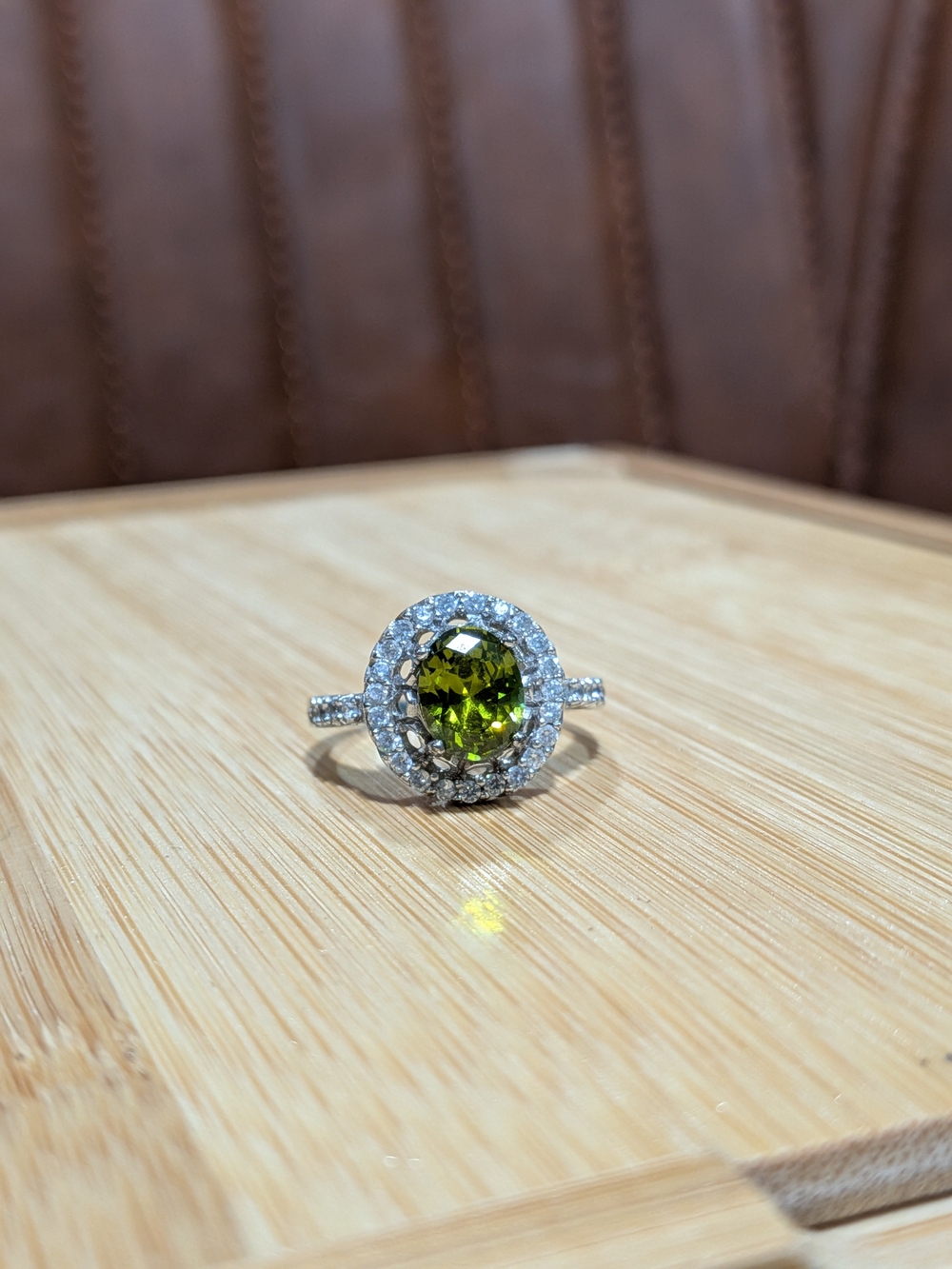 Olive Green Oval Halo Gemstone Ring in Sterling Silver